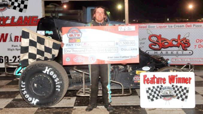 Max Frank after winning the GLTS feature Saturday at Silver Bullet Speedway. (Jim Denhamer Photo)