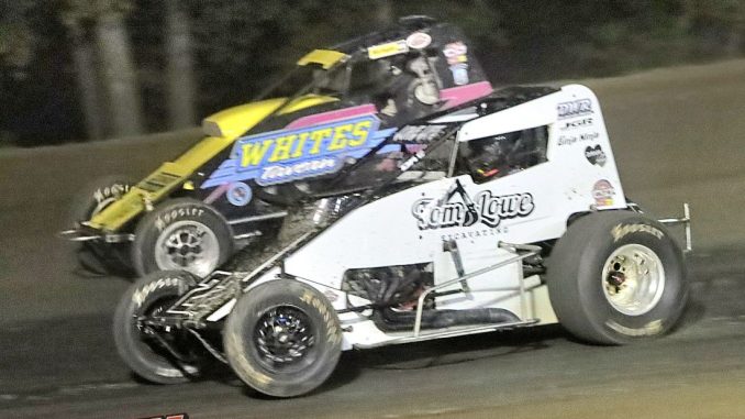 Kent Gardner (#10G) racing with Tom Lowe (#22) Saturday at Silver Bullet Speedway. (Jim Denhamer Photo)