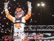 Jacob Denney celebrating his victory Saturday night at Highland Speedway. (Brenden Baughman Photo)
