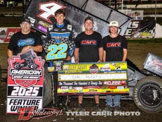 Cameron Martin with his crew after winning the Stewart Alley Memorial at Eagle Raceway. (Tyler Carr Photo)
