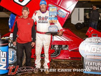 Dale Blaney with this brother Dave in victory lane after winning the World of Outlaws feature Saturday night at Sharon Speedway. (Tyler Carr Photo)