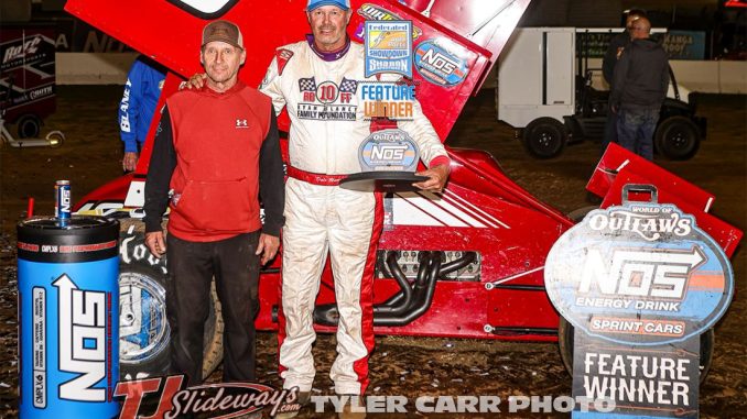 Dale Blaney with this brother Dave in victory lane after winning the World of Outlaws feature Saturday night at Sharon Speedway. (Tyler Carr Photo)
