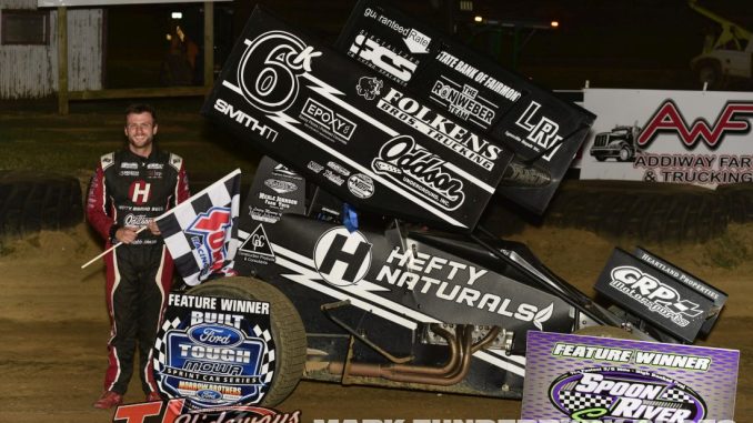 canton IL_DSC0356_12109 Kaleb Johnson after winning the Midwest Open Wheel Association portion of the Tom Knowles Memorial Saturday night at Spoon River Speedway. (Mark Funderburk Photo)