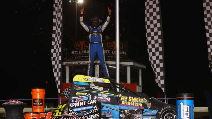 Briggs Danner captured victory with the USAC AMSOIL Sprint Car National Championship on Friday night at Tri-City Speedway in Granite City, Illinois. (Rich Forman Photo)