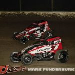Mario Clouser (#6) and Kyle Cummins (#3P) racing for position Friday at Tri-City Speedway. (Mark Funderburk Photo)