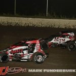 Kyle Cummins (#3P) and Gunnar Setser (5G) Friday at Tri-City Speedway. (Mark Funderburk Photo)