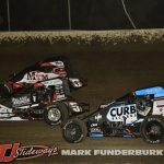 Gunnar Setser (#5G), Jake Swanson (#5t), and C.J. Leary (#21az) racing Friday at Tri-City Speedway. (Mark Funderburk Photo)