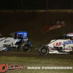 Ricky Lewis (#41), Kale Drake (#2B), Kevin Thomas Jr. (#3R), and Wesley Smith (#44) racing for position Friday at Tri-City Speedway. (Mark Funderburk Photo)
