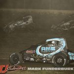 Logan Seavey (#57), Hayden Reinbold (#19), and Cale Coons (#63) racing for position Friday at Tri-City Speedway. (Mark Funderburk Photo)