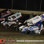 Parade lap for the POWRi Outlaw 410 Sprint Car Series at Tri-City Speedway with Ayrton Gennetten (#3), Clinton Boyles (#19), Gage Montgomery, and Joe B Miller Friday at Tri-City Speedway. (Mark Funderburk Photo)