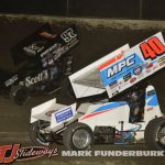 Scotty Milan (#97) racing with Howard Moore (#40) Friday at Tri-City Speedway. (Mark Funderburk Photo)