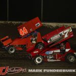 Cory Bruns (#44) racing with Brad Bowden (#7c) Friday at Tri-City Speedway. (Mark Funderburk Photo)