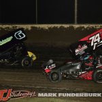 Corey Nelson (#6), Xavier Doney (#74), and Adyn Schmidt (#12) racing for position Friday at Tri-City Speedway. (Mark Funderburk Photo)