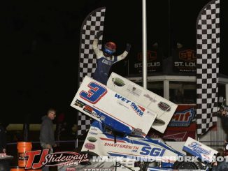 Ayrton Gennetten after winning the POWRi Outlaw 410 Sprint Car Series feature at Tri-City Speedway. (Mark Funderburk Photo)