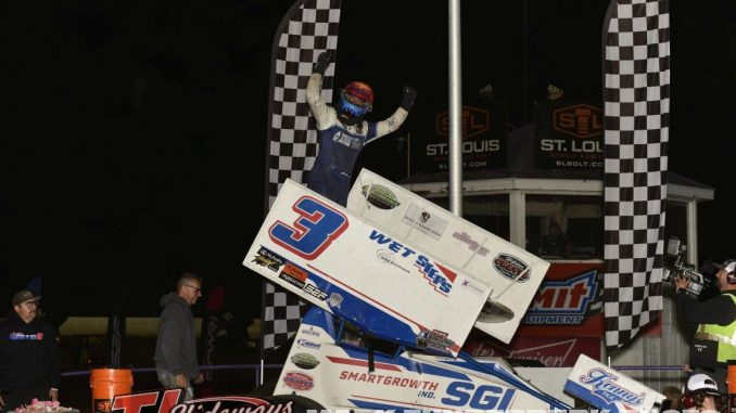 Ayrton Gennetten after winning the POWRi Outlaw 410 Sprint Car Series feature at Tri-City Speedway. (Mark Funderburk Photo)