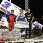 (L to R) Third place Xavier Doney, winner Ayrton Gennetten, and second place finisher Joe B Miller after the POWRi 410 Outlaw Sprint Car Series event at Tri-City Speedway. (Mark Funderburk Photo)