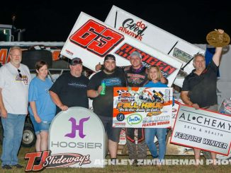 J.J. Hickle with his team after winning the Fall Haul Saturday night at 34 Raceway with the Sprint Invaders. (Ashley Zimmerman Photo)