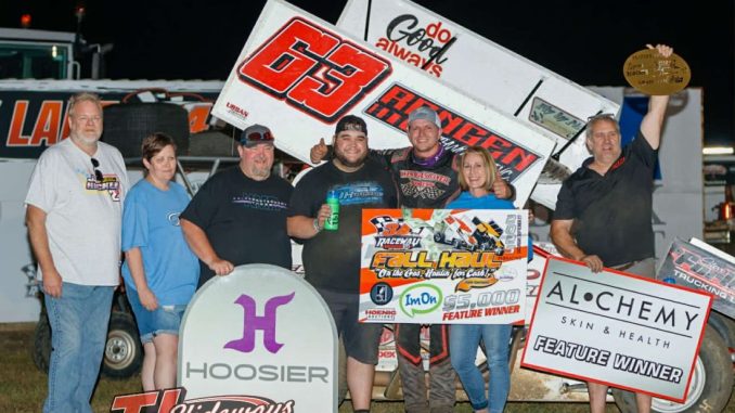 J.J. Hickle with his team after winning the Fall Haul Saturday night at 34 Raceway with the Sprint Invaders. (Ashley Zimmerman Photo)