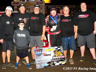 R.J. Johnson and his crew after winning the USAC/CRA Sprint Car Series feature at Perris Auto Speedway. (AJ Johnson/P1 Racing Images Photo)