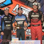 (l to r) Third place Brock Zearfoss, winner Tyler Courtney, and second place Cole Macedo following Friday's ASCS National Tour feature at Volusia Speedway Park. (Jim Denhamer Photo)