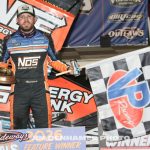 Tyler Courtney in victory lane after winning Friday night's ASCS National Tour feature event at Volusia Speedway Park. (Jim Denhamer Photo)