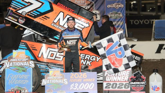 Tyler Courtney in victory lane after winning Friday night's ASCS National Tour feature event at Volusia Speedway Park. (Jim Denhamer Photo)
