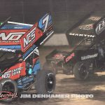 Cam Martin (#4) racing with Tyler Courtney (#7) Friday at Volusia Speedway Park. (Jim Denhamer Photo)