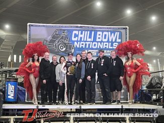 Christopher Bell with family and crew in victory lane after winning the Race of Champions during the 40th Chili Bowl Nationals. (Serena Dalhamer Photo)