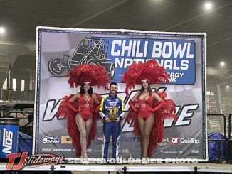 Kyle Larson after his prelmiunary feature victory Monday night at the Tulsa Expo Raceway during the 40th Chili Bowl Nationals. (Serena Dalhamer Photo)