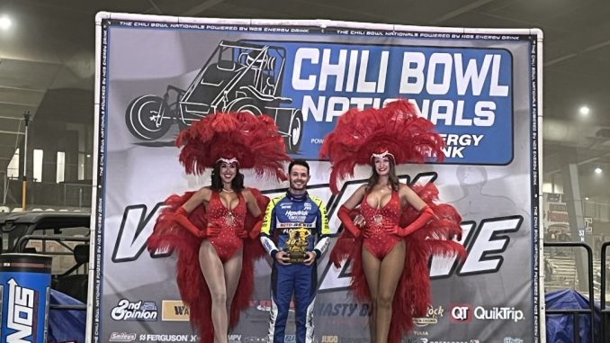 Kyle Larson after his prelmiunary feature victory Monday night at the Tulsa Expo Raceway during the 40th Chili Bowl Nationals. (Serena Dalhamer Photo)
