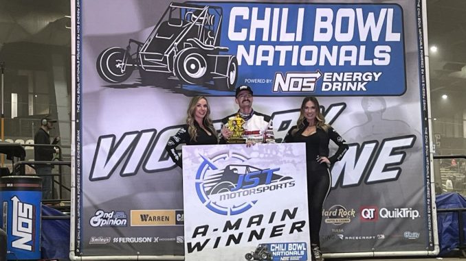 Blake Hahn in victory lane on Tuesday during the Chili Bowl Nationals. (Serena Dalhamer Photo)