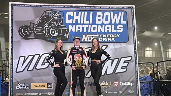 Christopher Bell in victory lane Thursday night at the Chili Bowl Nationals. (Serena Dalhamer Photo)
