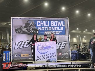 Logan Seavey in victory lane Friday night at the Chili Bowl Nationals. (Serena Dalhamer Photo)