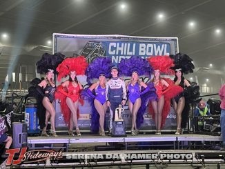 Emerson Axsom in victory lane after winning the 40th Chili Bowl Nationals presented by NOS Energy Drink. (Serena Dalhamer Photo)