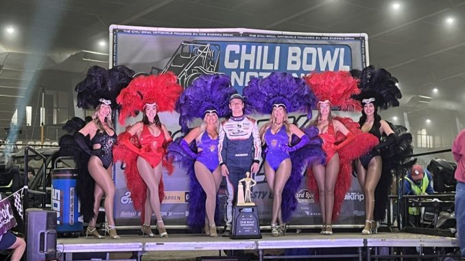 Emerson Axsom in victory lane after winning the 40th Chili Bowl Nationals presented by NOS Energy Drink. (Serena Dalhamer Photo)