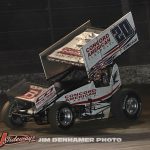 Brady Bacon in route to winning the DIRTcar Nationals main event for the ASCS National Tour Monday at Volusia Speedway Park. (Jim Denhamer Photo)