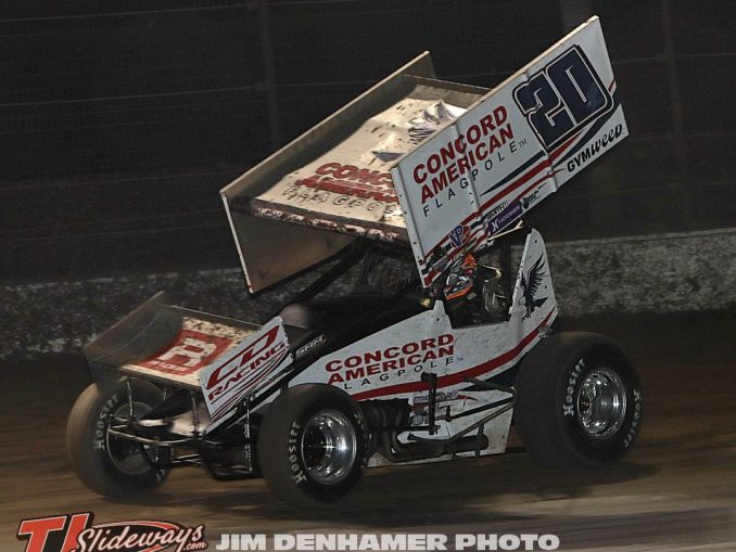 Brady Bacon in route to winning the DIRTcar Nationals main event for the ASCS National Tour Monday at Volusia Speedway Park. (Jim Denhamer Photo)