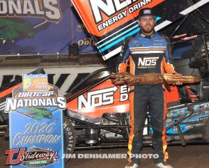 Tyler Courtney poses with the "Big Gator" trophy after winning the overall event points for ASCS during the DIRTcar Nationals at Volusia Speedway Park. (Jim Denhamer Photo)