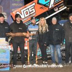 Tyhler Courtney with family and crew members after winning the DIRTcar Nationals title for the ASCS National Tour at Volusia Speedway Park. (Jim Denhamer Photo)