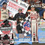 (l to r) Third place Austin McCarl, winner Brady Bacon, and second place Emerson Axsom following Monday's ASCS National Tour feature during DIRTcar Nationals at Volusia Speedway Park. (Jim Denhamer Photo)