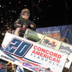 Brady Bacon celebrates his feature victory on Monday with the ASCS National Tour during DIRTcar Nationals at Volusia Speedway Park. (Jim Denhamer Photo)