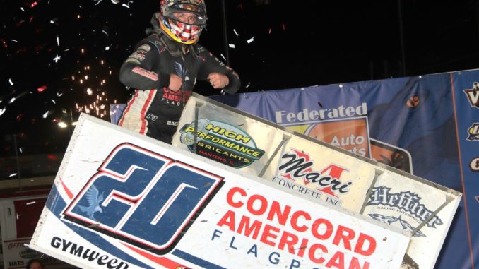Brady Bacon celebrates after winning the ASCS National Tour feature during DIRTcar Nationals at Volusia Speedway Park. (Jim Denhamer Photo)