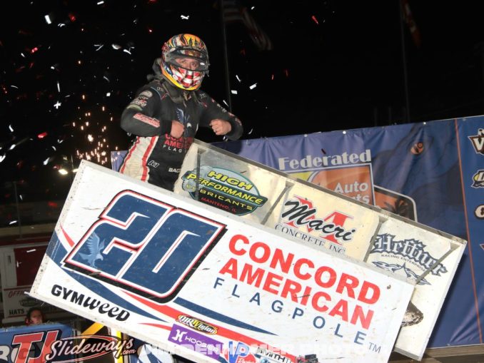 Brady Bacon celebrates after winning the ASCS National Tour feature during DIRTcar Nationals at Volusia Speedway Park. (Jim Denhamer Photo)
