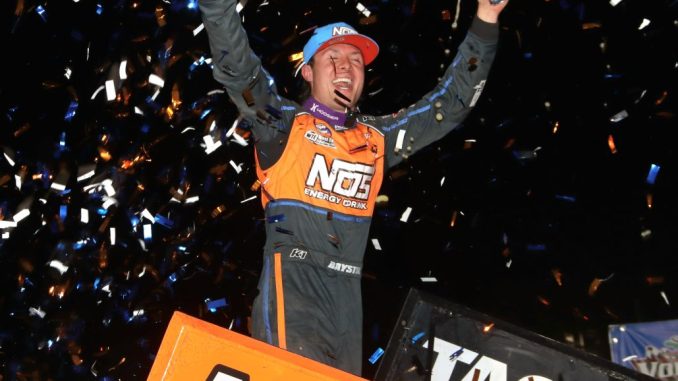 Spencer Bayston celebrates his first victory of the 2026 season with the World of Outlaws NOS Energy Drink Sprint Car Series during DIRTcar Nationals at Volusia Speedway Park. (Jim Denhamer Photo)
