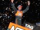 Spencer Bayston celebrates his first victory of the 2026 season with the World of Outlaws NOS Energy Drink Sprint Car Series during DIRTcar Nationals at Volusia Speedway Park. (Jim Denhamer Photo)