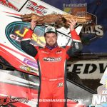 Anthony Macri in victory lane with the "Big Gator" after winning the feature event and overall DIRTcar Nationals title. (Jim Denhamer Photo)