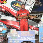 Anthony Macri in victory lane with the "Big Gator" after winning the feature event and overall DIRTcar Nationals title. (Jim Denhamer Photo)