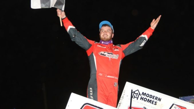 Anthony Macri in victory lane after winning the feature event and overall DIRTcar Nationals title. (Jim Denhamer Photo)