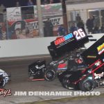 Dylan Reynolds (#24), Anthony Nocella (#92), and Kody Swanson (#26) racing for position Saturday night at Showtime Speedway. (Jim Denhamer Photo)