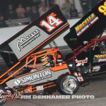 Davey JHamilton Jr. (#14) racing with Anthony Nocella (#92) Saturday night at Showtime Speedway. (JIm Denhamer Photo)